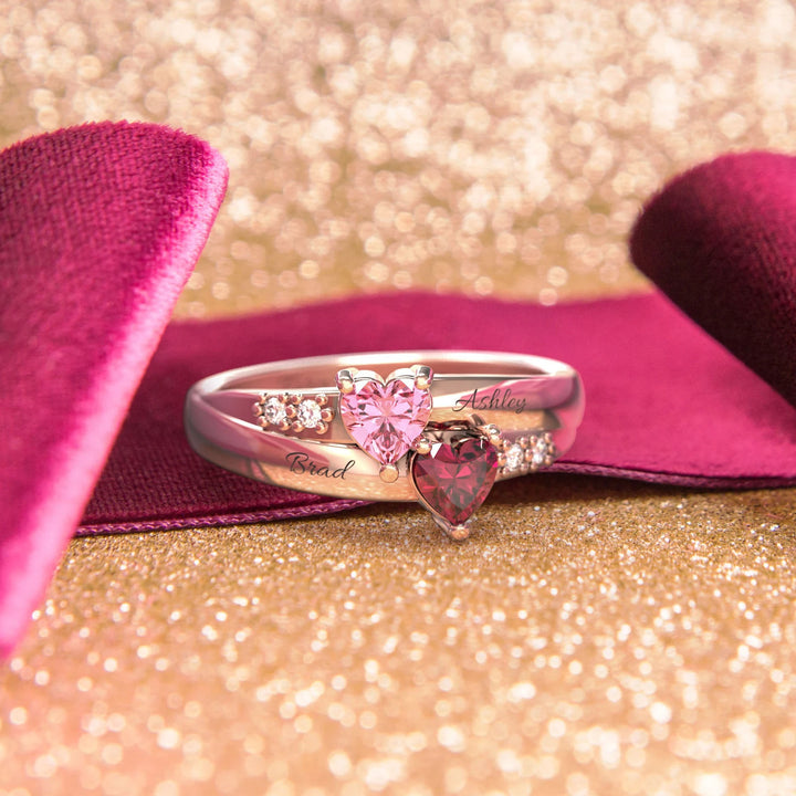 Gold Double Heart Birthstone Ring with Accents
