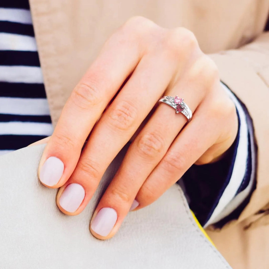 Gold Double Heart Birthstone Ring with Accents