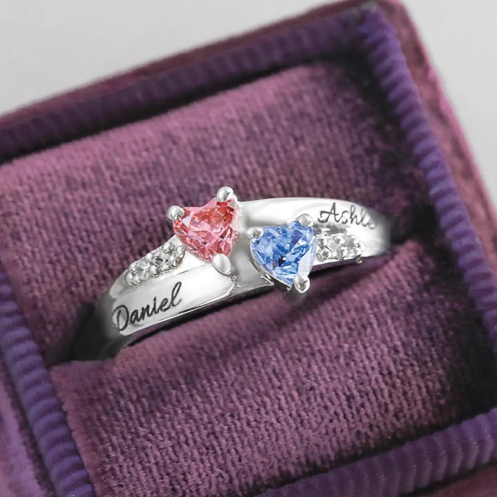 Gold Double Heart Birthstone Ring with Accents