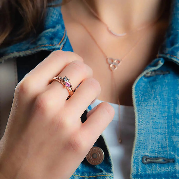 Gold Double Heart Birthstone Ring with Accents