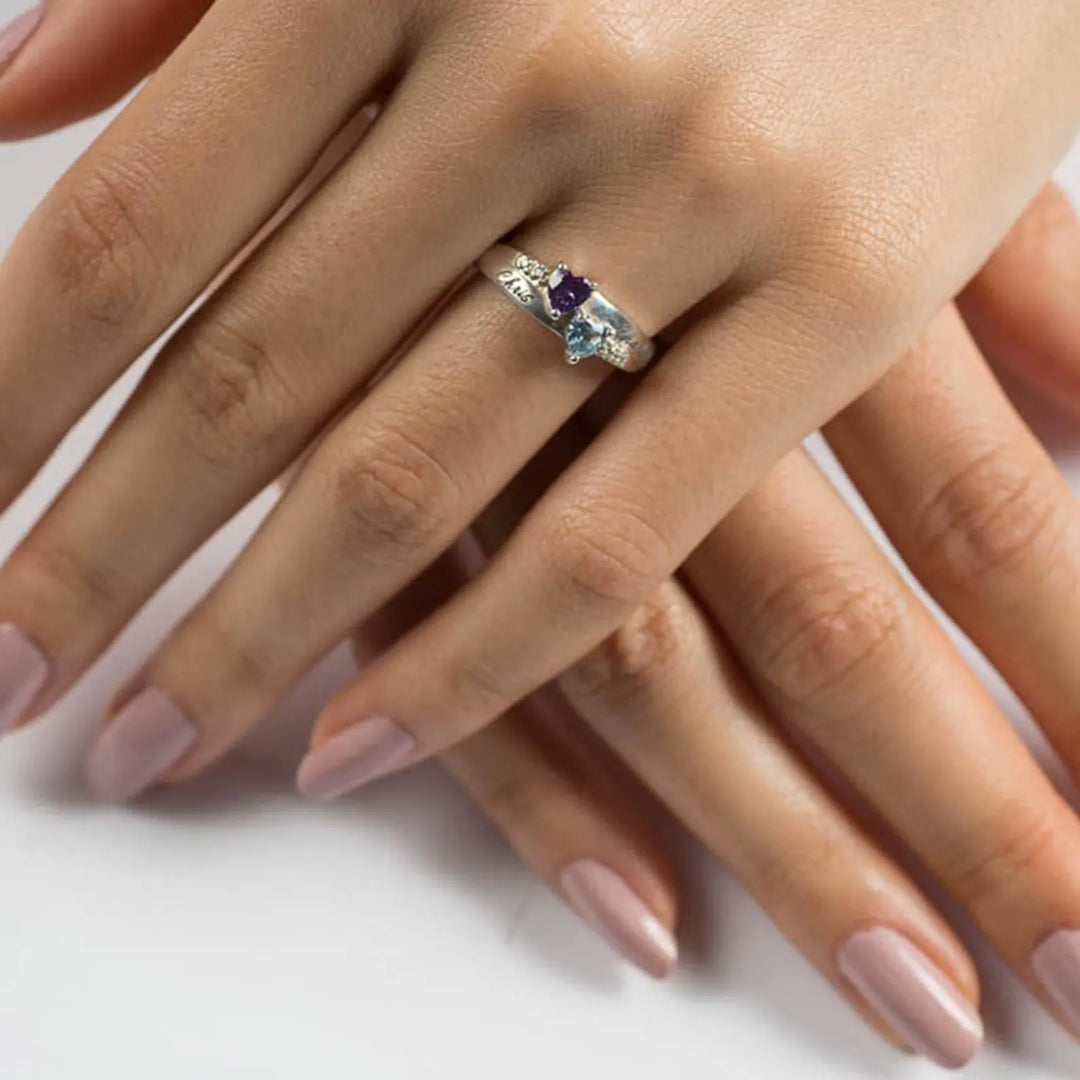 Gold Double Heart Birthstone Ring with Accents