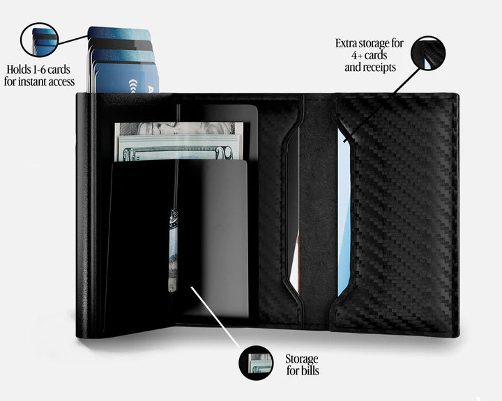 Titan X Wallet I Trifold RFID Blocking with Pop Up Card Access I Holds 1-10 cards, Carbon Fiber