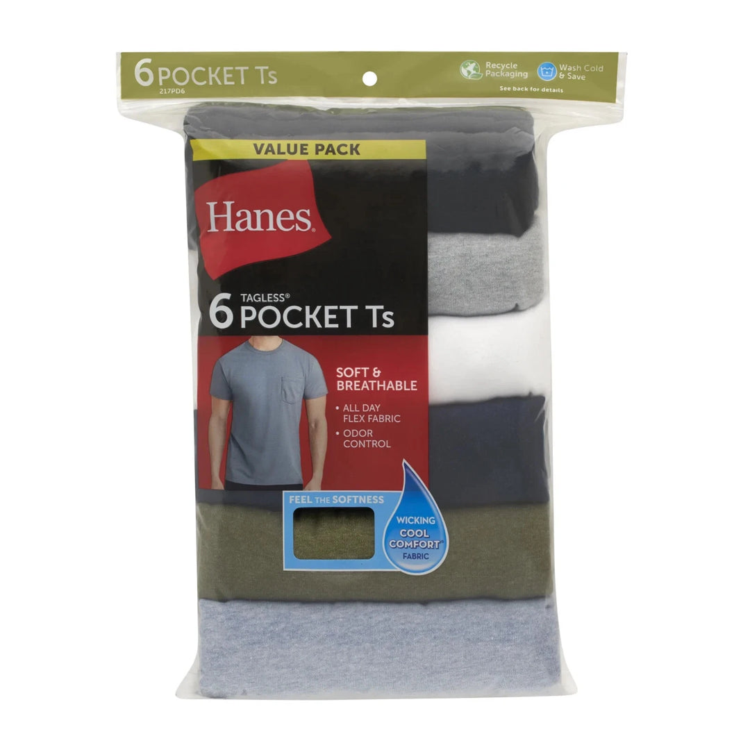 Hanes Men's Value Pack Assorted Pocket T-Shirt Undershirts, 6 Pack